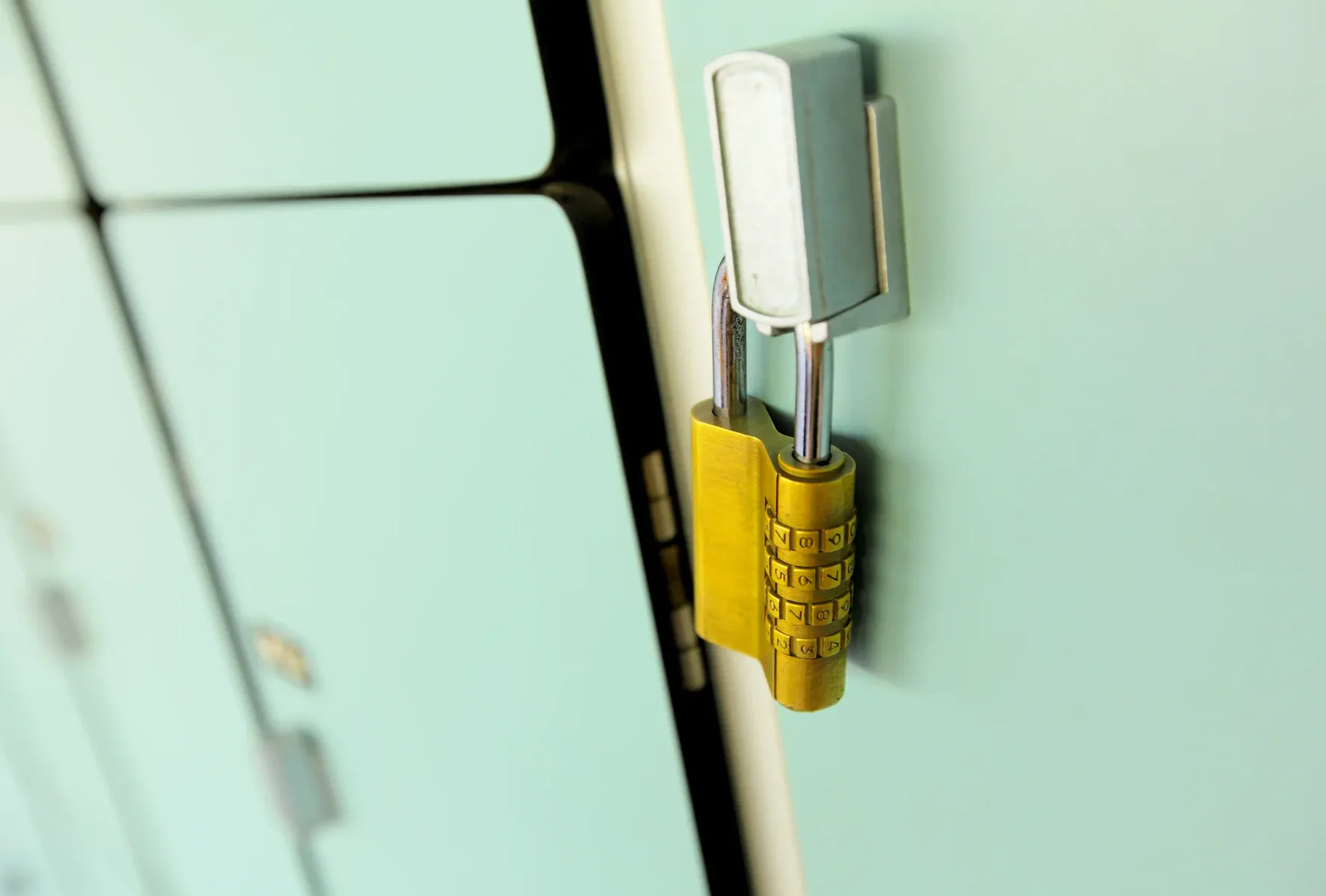 Close-up of a golden combination padlock on a light green locker door.