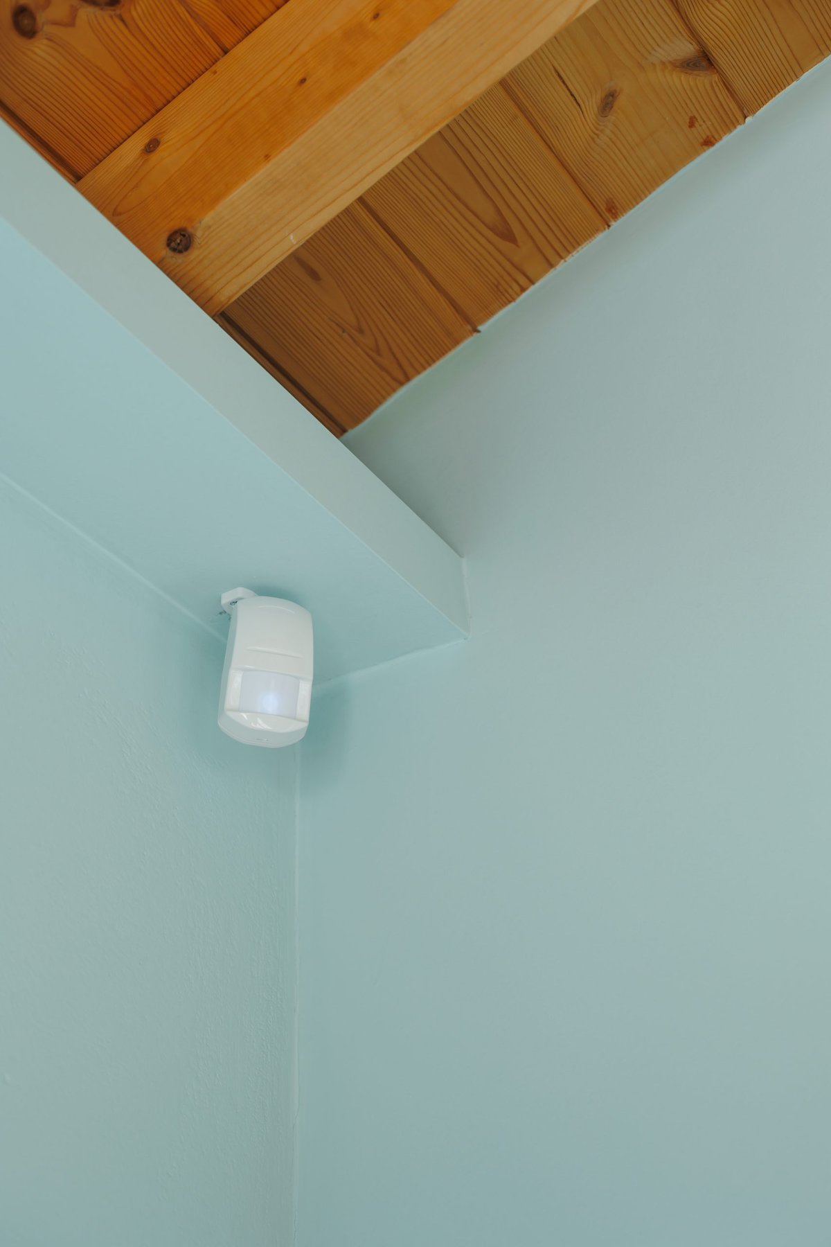 White motion sensor mounted on a light blue wall, with a wooden ceiling.