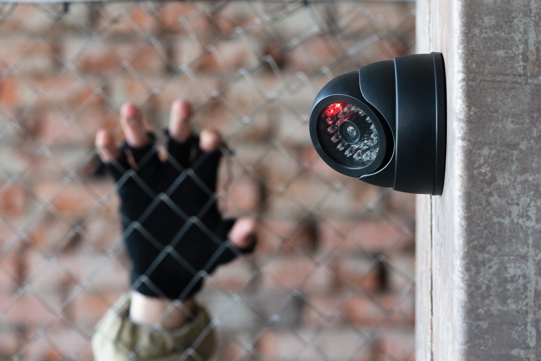 Security camera with red light recording a gloved hand reaching through a fence