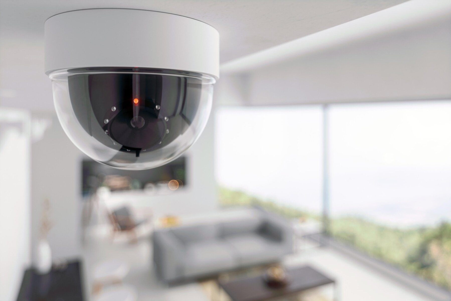 Dome security camera with red light in a modern home