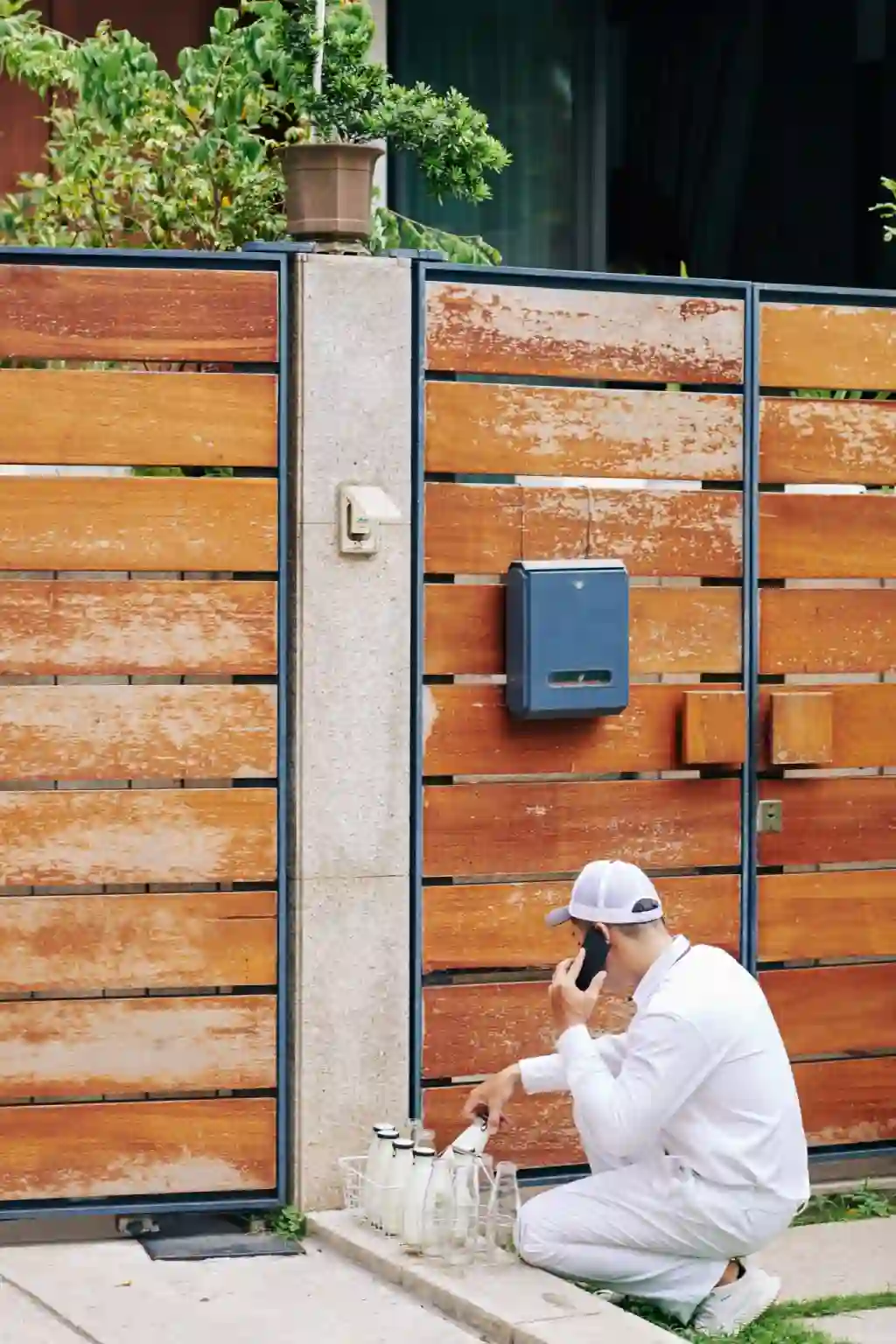 Man in white uniform with milk bottles on the phone at a wooden gate