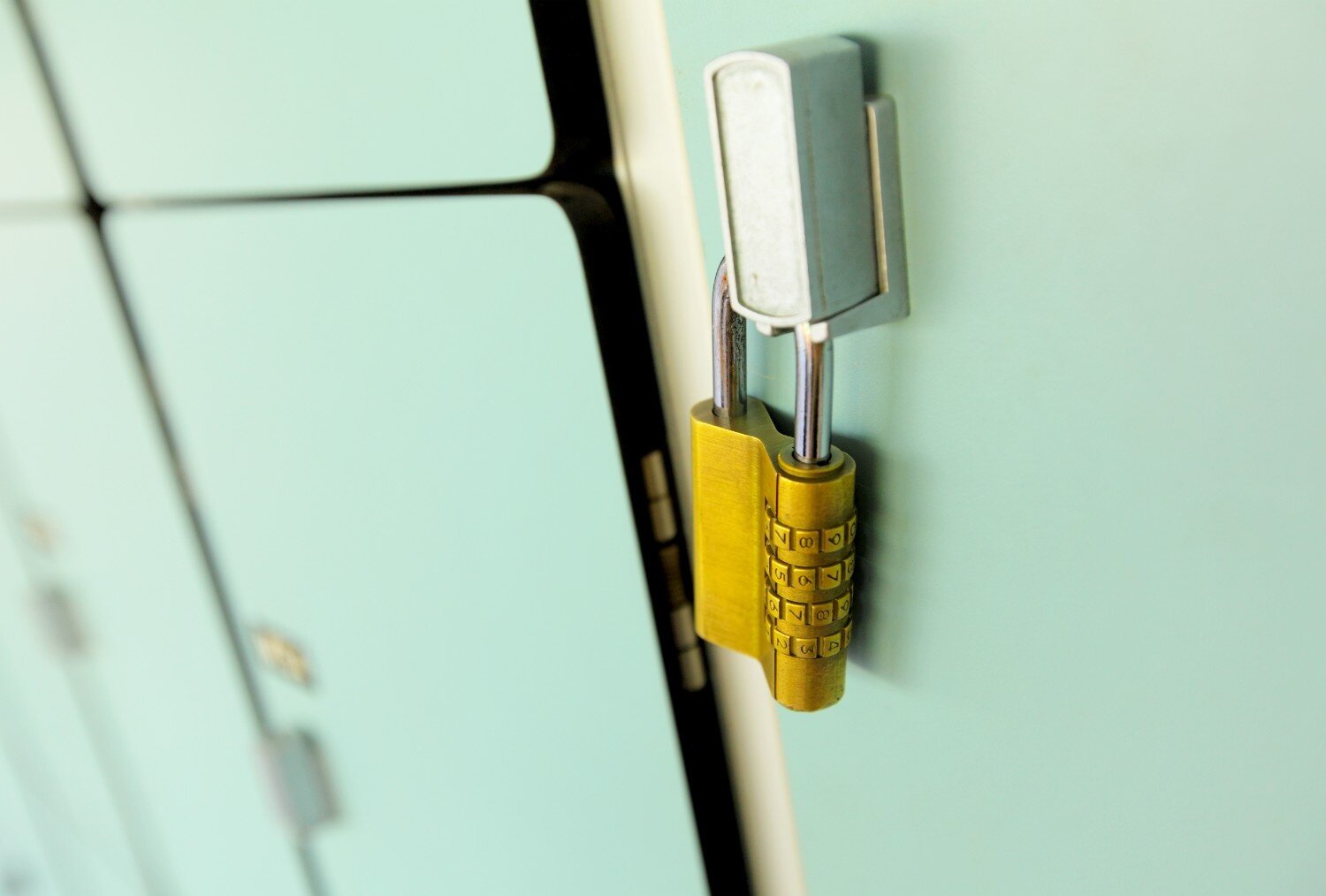 Close-up of a golden combination padlock on a light blue locker door.