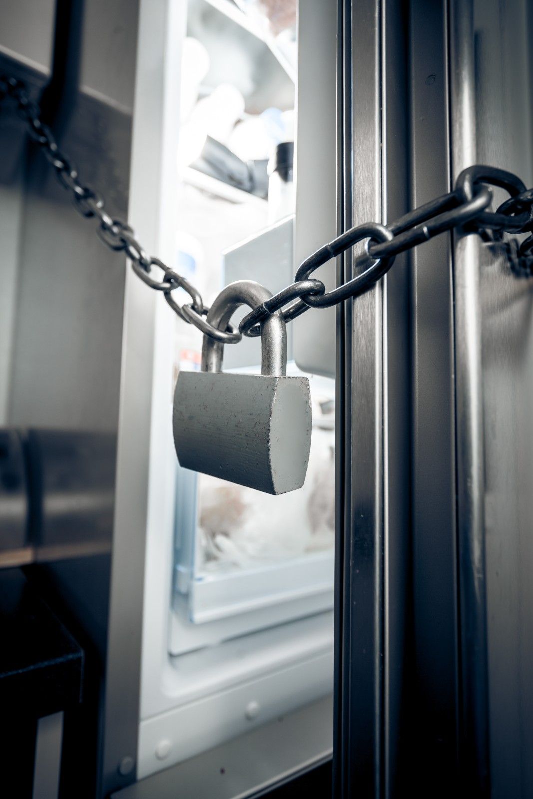 Close-up of a silver padlock and chain securing a refrigerator door.