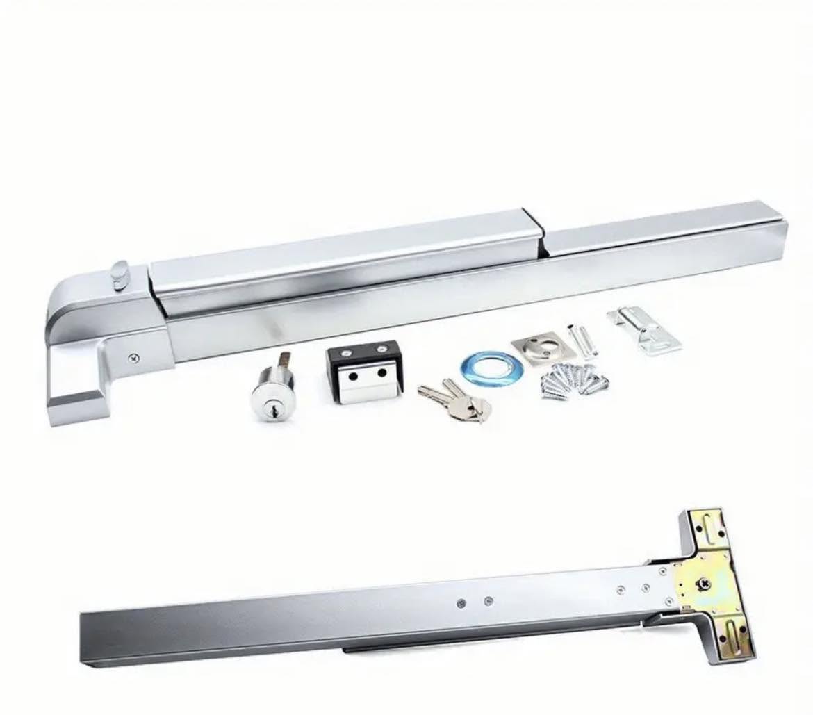 Silver door push bar and various door lock components on a white background.