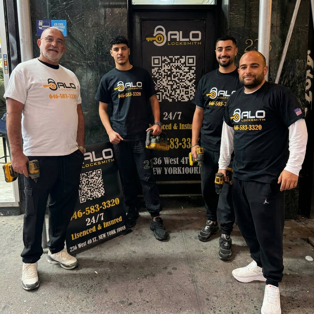 Four men in front of a locksmith shop holding power tools.