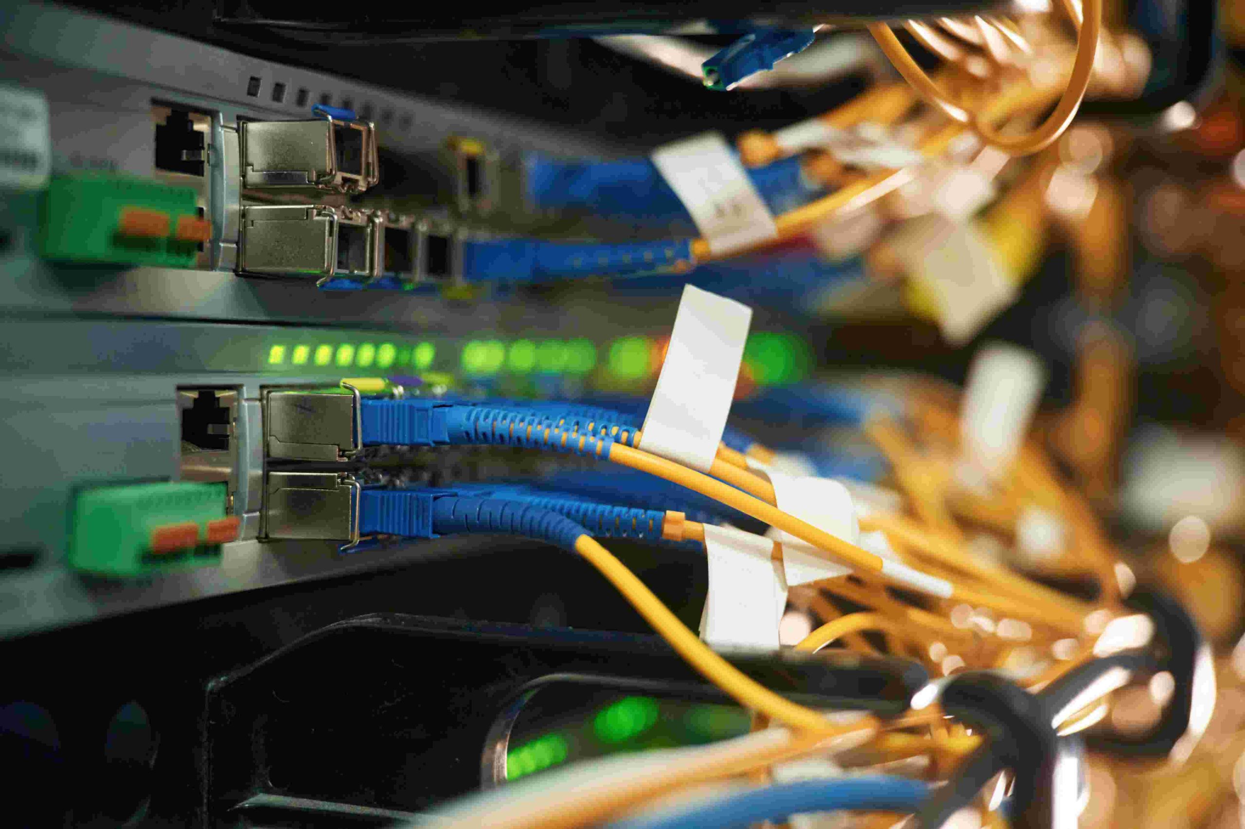 Close-up of network cables plugged into a server rack with blinking lights.