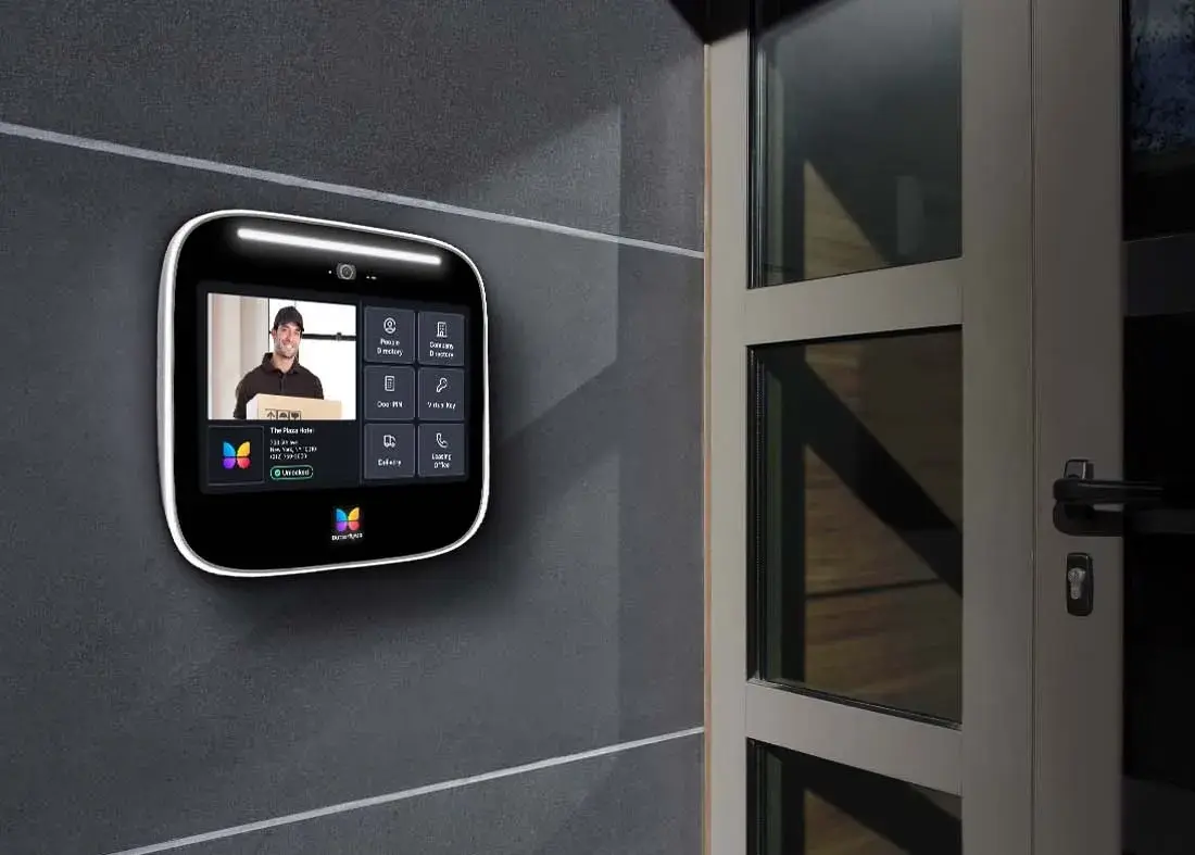 Smart home security system displaying a delivery person at the door.