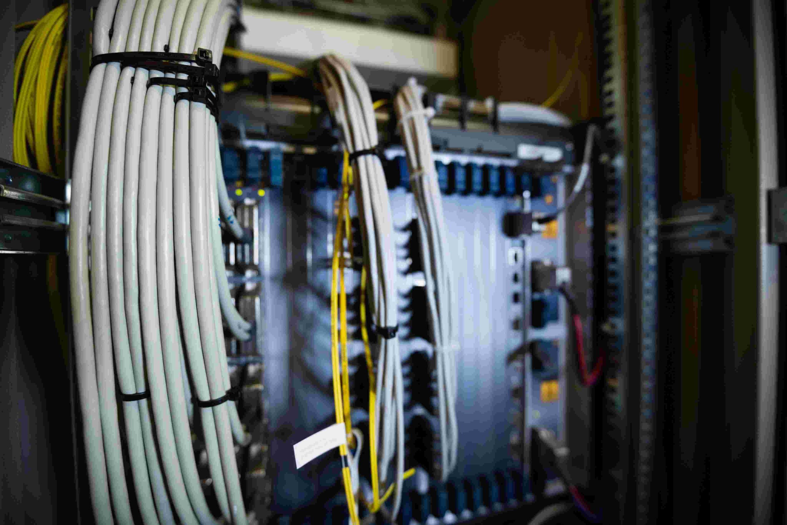 Close-up of neatly bundled white and yellow cables connected to server equipment.