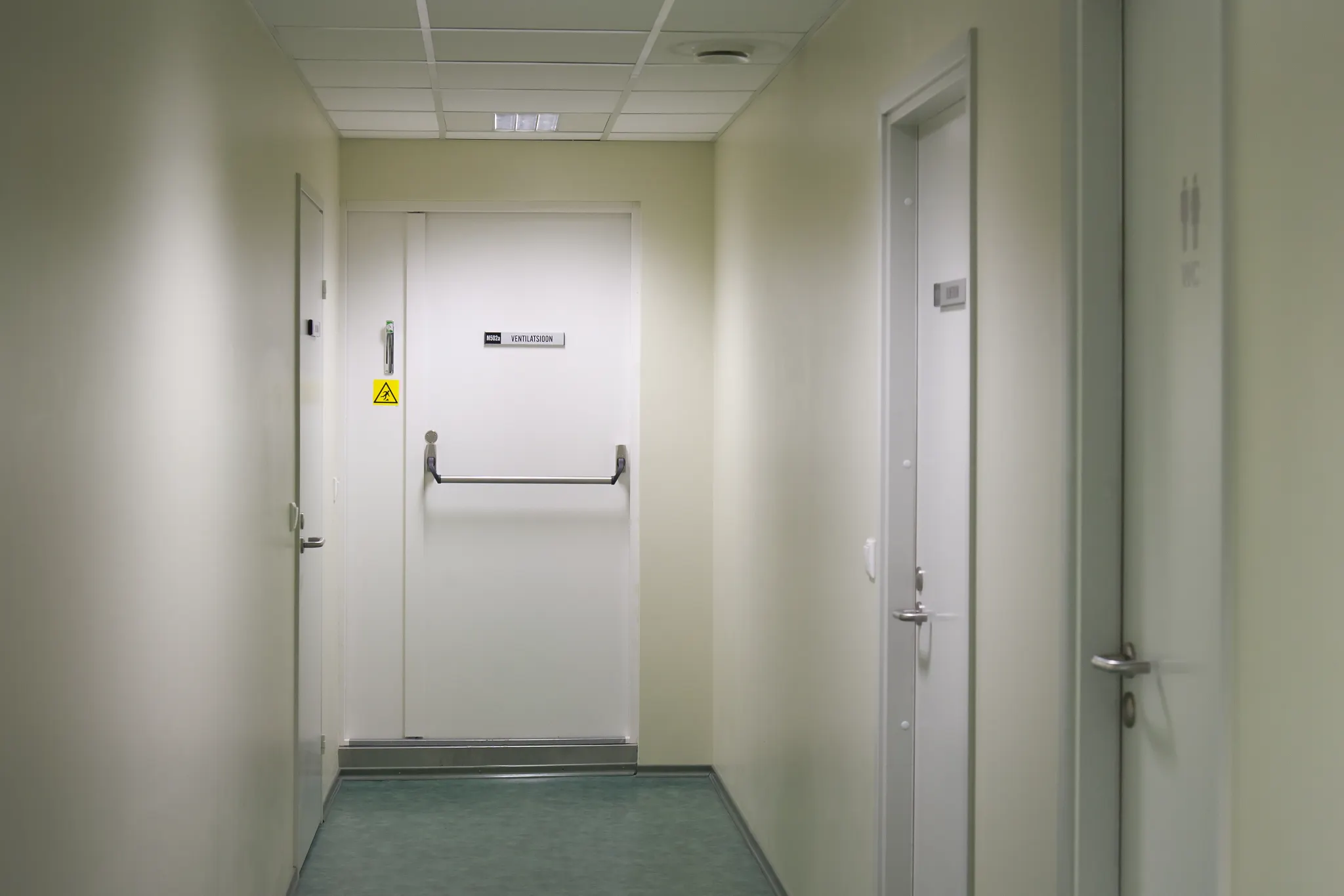 A long, narrow hallway with several white doors and a green floor.