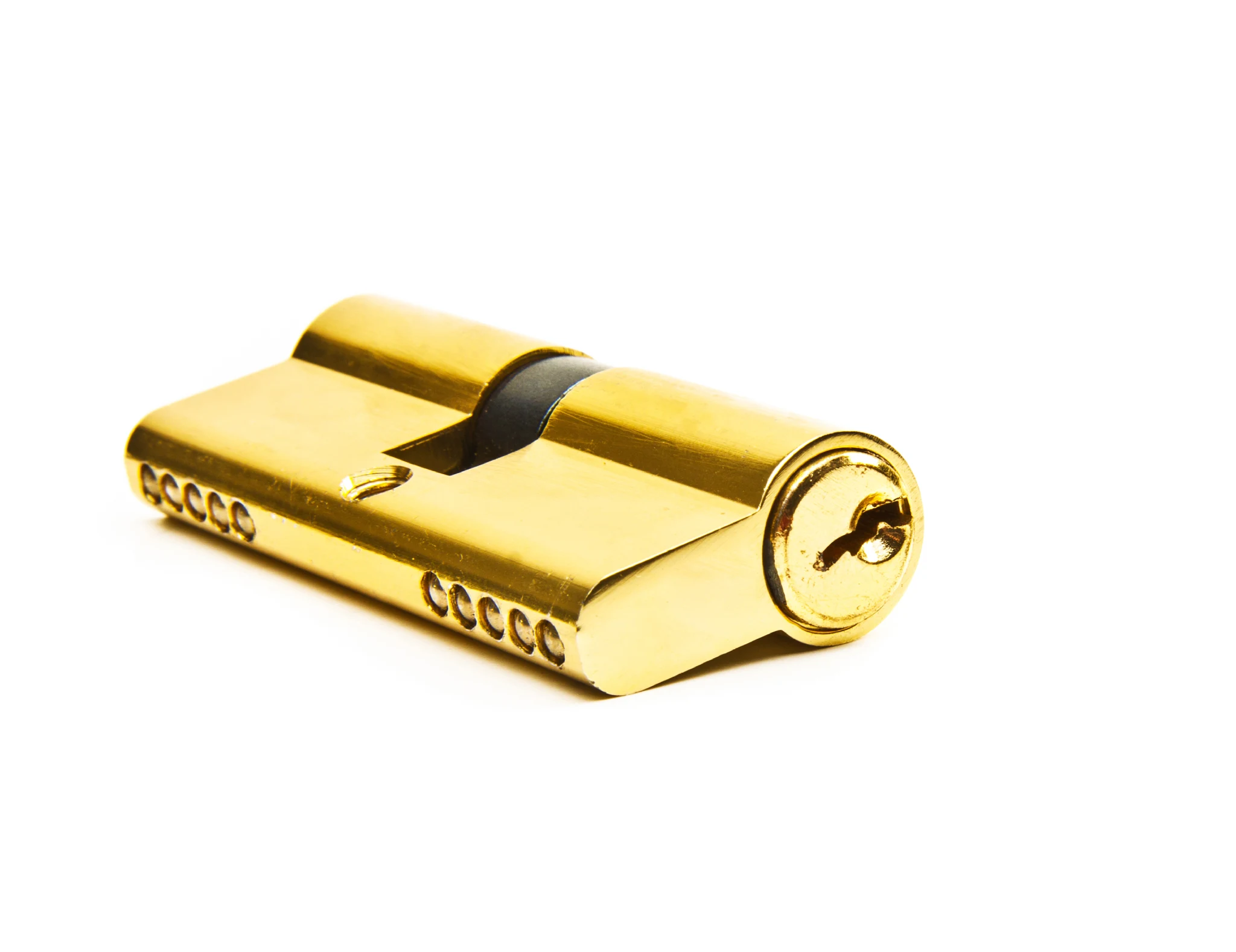 Shiny brass euro cylinder lock against a plain white background