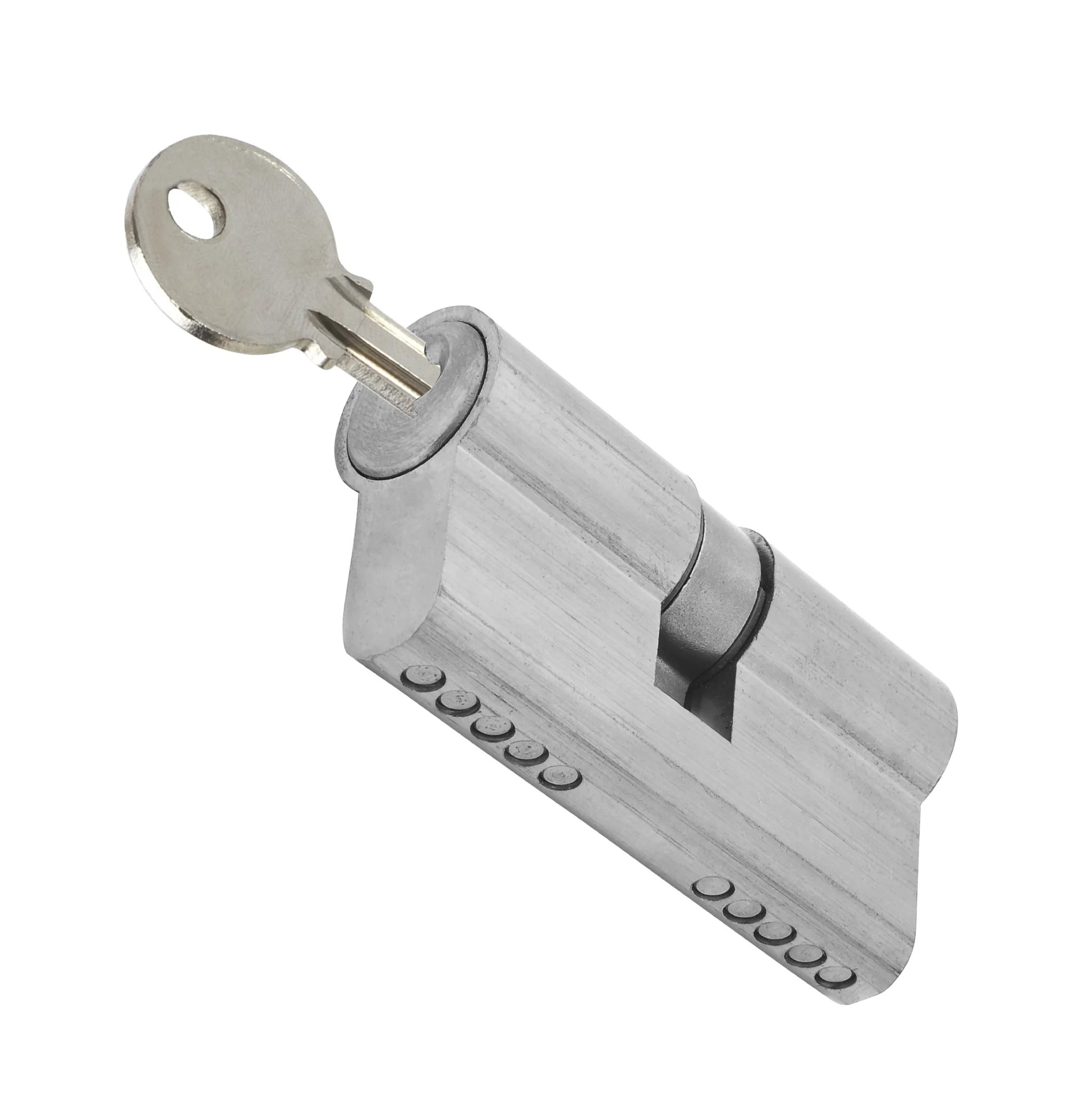 Silver door cylinder with a key inserted, on a white background.