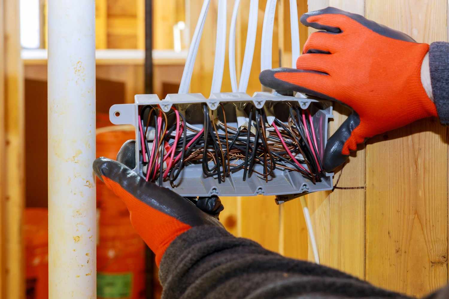 Hands in orange gloves working with electrical wires in a junction box.